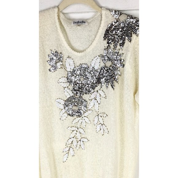 Vintage slouchy short sleeve silver sequin applique pullover sweater top - Picture 3 of 6